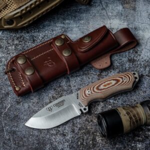 Mini Green Beret (115-X) brown micarta scales, brown leather sheath