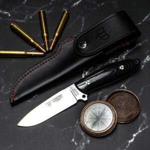 Suther (255-M) polished black micarta scales, black leather sheath